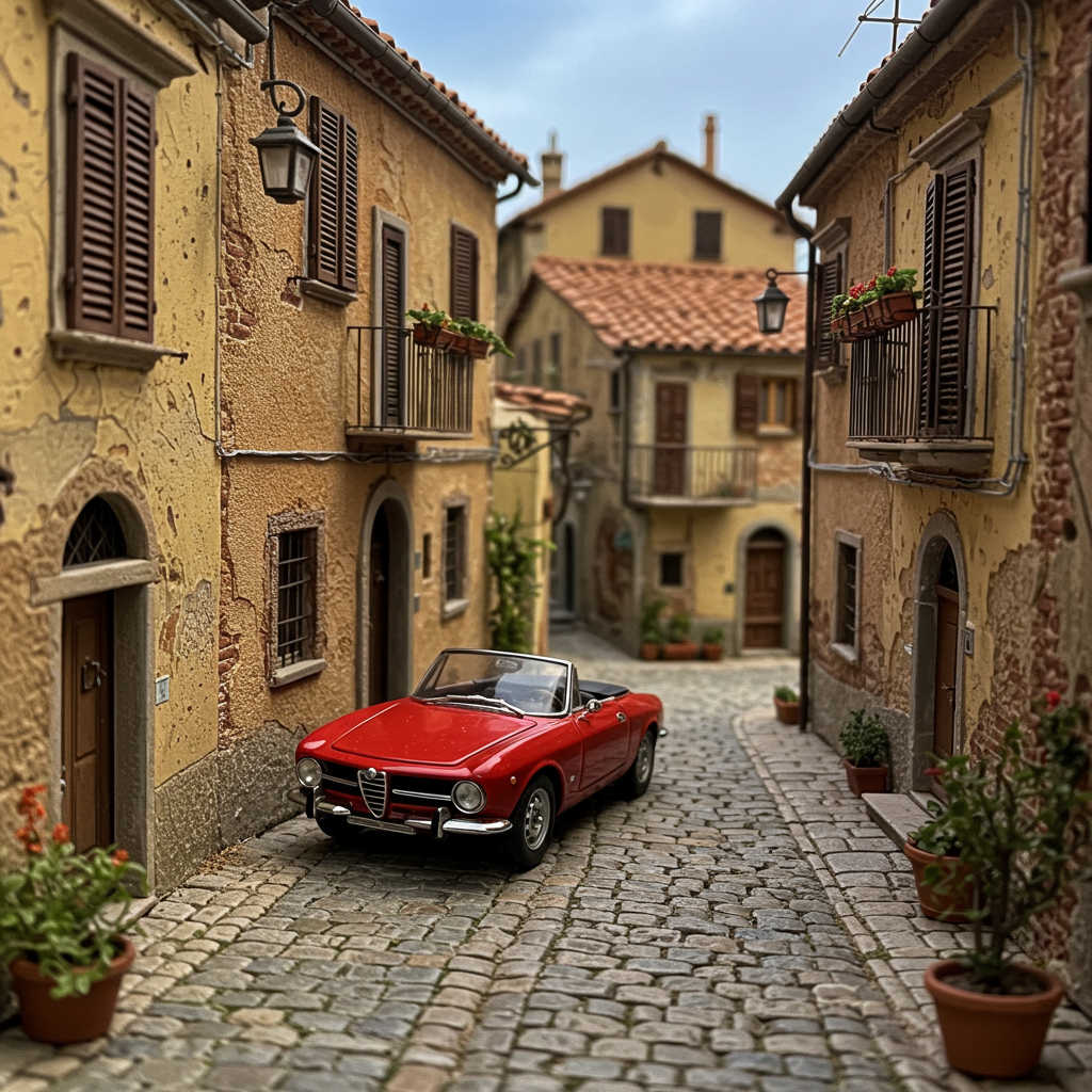 Diorama di modellismo italiano con Alfa Romeo vintage in un borgo italiano